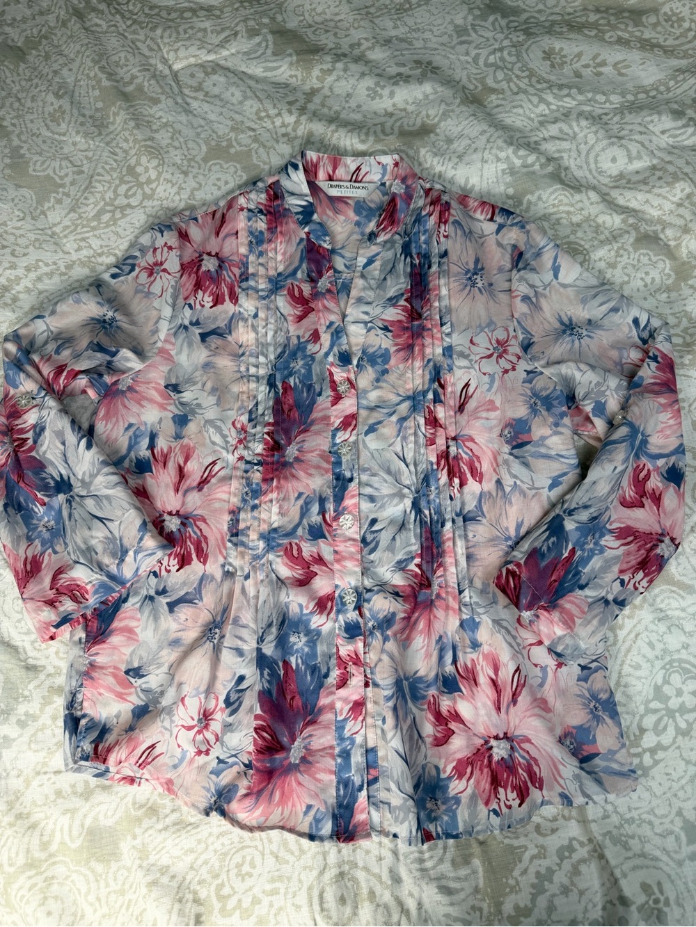 Floral Pintuck Button-Front Blouse in Pink & Blue